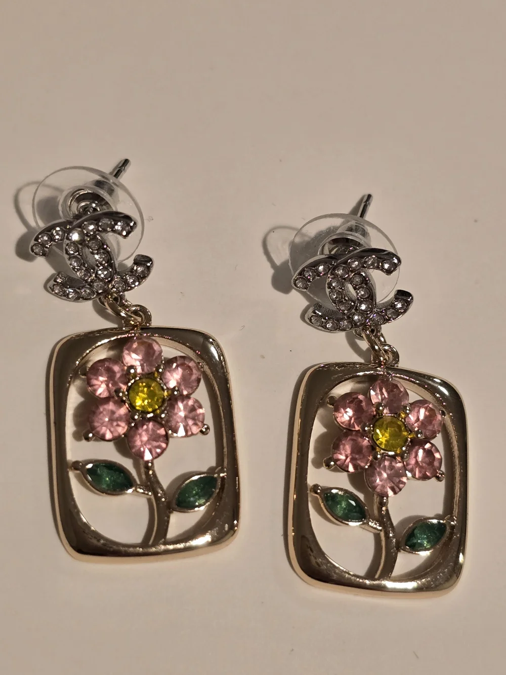 Chanel- Crystal Floral Drop Earrings - Pink & Green